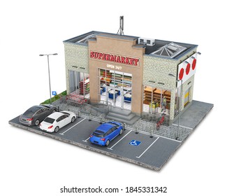 Supermarket building on a piece of ground, 3d illustration