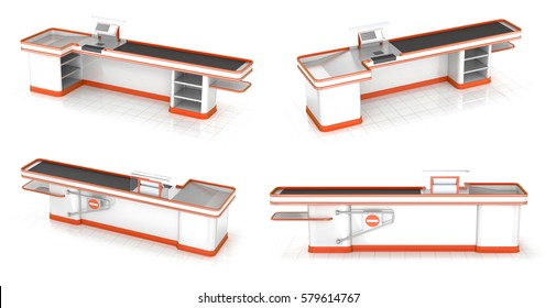 Supermarket cash registers. 3d image set. Isolated on white.
