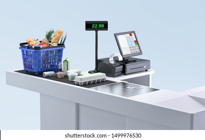 Supermarket Cashier Checkout Work Place With Card Payment Terminal, Order Screen, Shopping Market Basket With Assorted Grocery Products, Fresh Food, Drinks Isolated. Budget Planning, Money Saving. 3D