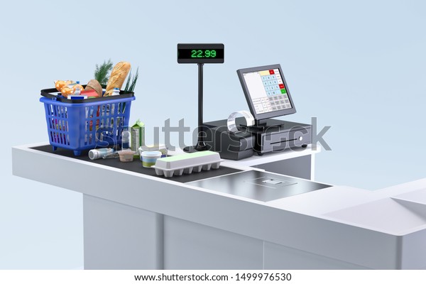 Supermarket cashier checkout work place with card\
payment terminal, order screen, shopping market basket with\
assorted grocery products, fresh food, drinks isolated. Budget\
planning, money saving.\
3D