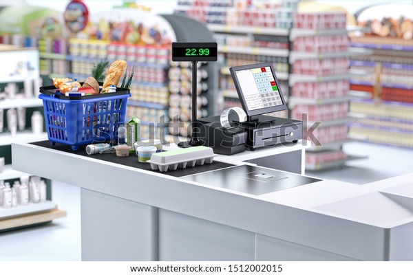 Supermarket cashier checkout work place with card\
payment terminal, order screen, shopping market basket with\
assorted grocery products, fresh food, drinks. Budget planning,\
money saving, economy.\
3D