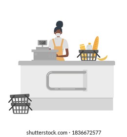 Supermarket Cashier During Coronovirus Epidemic. Young Black Woman In A Medical Mask Stands Behind A Cash Register. There Is Also A Basket With Products In The Picture. Raster Illustration