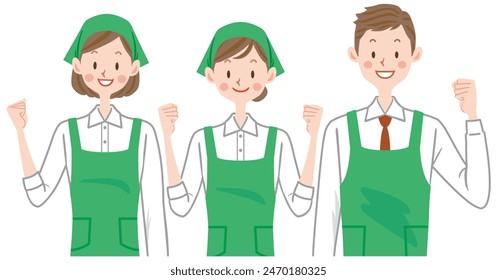 Supermarket clerks, men and women in aprons, fist pumping, housekeeping - Powered by Shutterstock