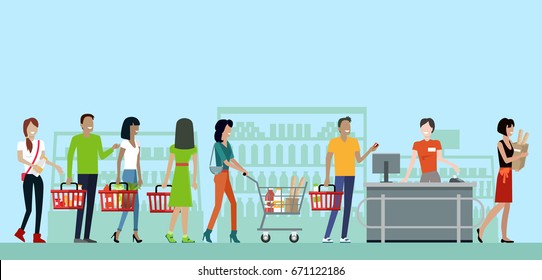 Supermarket Concept Banner. Flat Style. Shopping In Grocery Store. Smiling Cashier Woman Serves Buyers On Counter Desk Equipment In Mall. Picture For Retail Companies Ad, Web Page Design