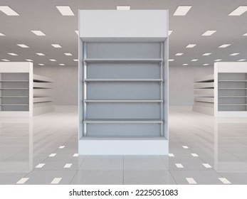 Supermarket Display Aisle With Gondola Front View. 3D Rendering Illustration