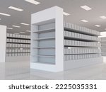 Supermarket Display Aisle with Gondola perspective view. 3D rendering illustration