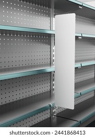 Supermarket Empty Shelf With Single Vertical Stopper Or Wobbler. Blank Shelf Banner Display Mock-up. 3D rendering