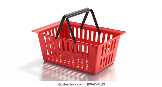 Supermarket, food, groceries shopping concept. Red empty shopping basket isolated against white background. 3d illustration