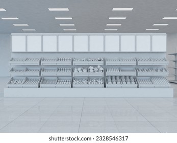 Supermarket Fresh Produce Section promo front view,  with organized fruits, vegetables, and vibrant signage. 3d rendering illustration - Powered by Shutterstock