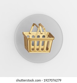 Supermarket golden shopping basket icon. 3d rendering gray round key button, interface ui ux element