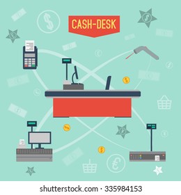 Supermarket Infographics Checkout Area. With Offices Around The Individual Elements. Payment By Card And Cash.