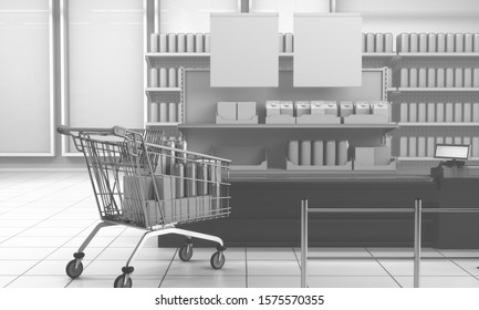 Supermarket Interior With Blank Banner And Cash Register Counter. Cashier Checkout With Card Payment Terminal. 3D Rendering