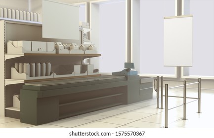 Supermarket Interior With Blank Banner And Cash Register Counter. Cashier Checkout With Card Payment Terminal. 3D rendering