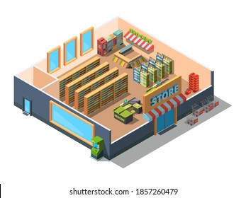 Supermarket Interior. Cross Section Of Retail Market Building Mall With Equipment And Grocery Sections 3d Low Poly Isometric