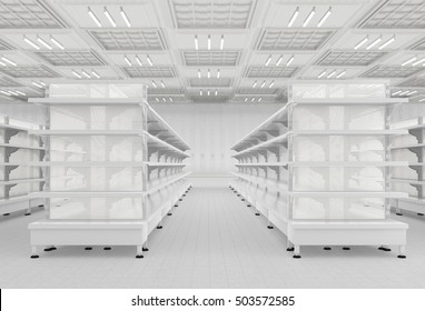 Supermarket interior with empty store shelves. 3d render