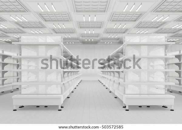 Supermarket\
interior with empty store shelves. 3d\
render