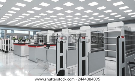 Supermarket interior mockup with anti-theft gates, cash counters, empty shelves. 3d illustration
