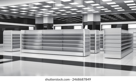 Supermarket interior mockup with rows of empty racks. 3d illustration