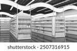 Supermarket interior mockup with shelving of blank goods, toppers and advertising aisle arches displays. Shelving with wave-shaped arches and toppers. 3d illustration