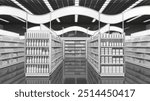 Supermarket interior mockup with shelving of blank goods, toppers and advertising aisle arches displays. Shelving with wave-shaped arches and toppers. 3d illustration