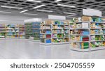 Supermarket interior mockup with shelving, display of goods. 3d illustration