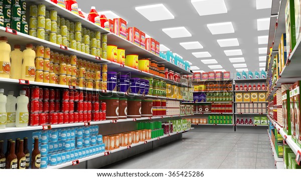 スーパーの店内にはさまざまな商品が並んでいる のイラスト素材