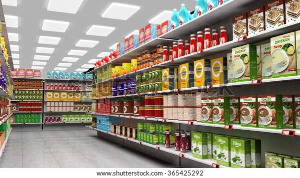 スーパーの店内にはさまざまな商品が並んでいる のイラスト素材