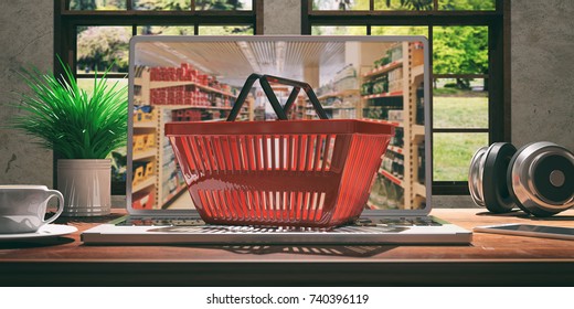 Supermarket Online Shopping Concept. Shopping Basket On A Laptop. 3d Illustration