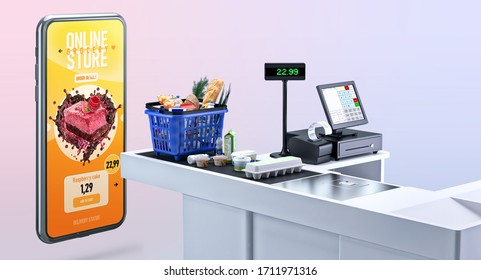 Supermarket payment terminal, shopping market basket, assorted grocery products, fresh food, drinks, smartphone shopping app. Online buying, order, delivery during coronavirus pandemic 3D illustration