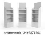 Supermarket Promotional Display Rack, Empty Product Display, PDQ Display Box With Three Different View, Floor Stand Display. 3D Render Illustration. 