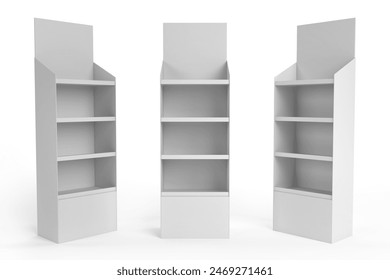 Supermarket Promotional Display Rack, Empty Product Display, PDQ Display Box With Three Different View, Floor Stand Display. 3D Render Illustration. 