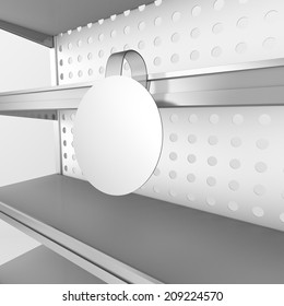 supermarket shelf in perspective with blank round wobbler