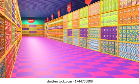 Supermarket Shelves Cartoon Colourful 3D Illustration