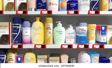Supermarket Shelves With Personal Care Products 