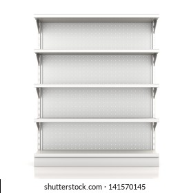 Supermarket Shelves Render From Front On White. 3d