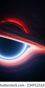 Supermassive singularity in outer cosmos. Interstellar black hole with gravitational forces warping space. Vertical 3d illustration wallpaper background. Close-up of event horizon and accretion disk.
