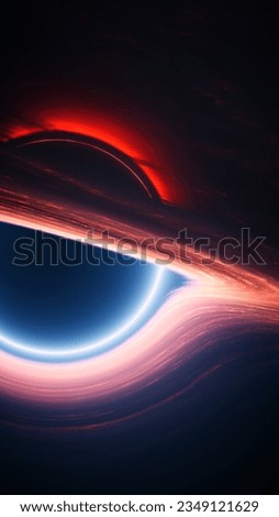 Supermassive singularity in outer cosmos. Interstellar black hole with gravitational forces warping space. Vertical 3d illustration wallpaper background. Close-up of event horizon and accretion disk.