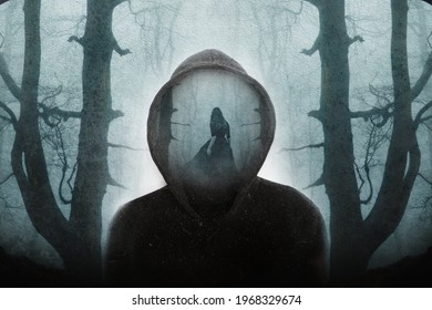 A supernatural concept of a double exposure of a ghostly woman wearing a long dress, walking through a spooky, foggy forest. Over layered on a hooded figure in winter. With a grunge, vintage edit.
