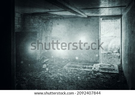 A supernatural concept of floating orbs of light. In a ruined building. With a grunge, texture edit. Stock photo © 
