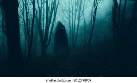 A Supernatural Concept. Of A Ghost With Glowing Eyes Floating Above The Ground . In A Spooky, Winter Forest At Night 