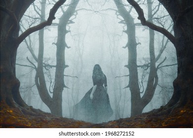 A Supernatural Concept Of A Ghostly Woman Wearing A Long Dress, Walking Through A Spooky, Foggy Forest In Winter. With A Grunge, Vintage Edit.