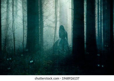 A supernatural concept of a ghostly woman wearing a long dress, walking through a spooky, foggy forest in winter. Surrounded by small magical creatures with glowing eyes. With a grunge, vintage edit.