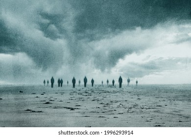 A supernatural concept. A group of blurred lost souls walking along a beach on a moody day. With an abstract, grunge edit.