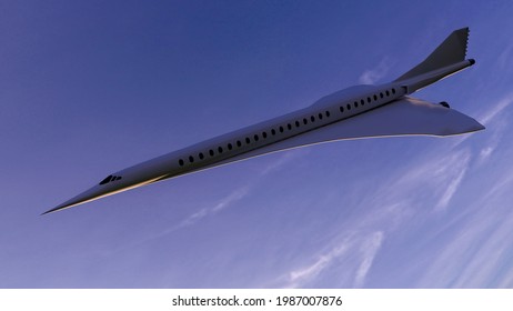 Supersonic Flight, The Plane To Travel Faster Than Ever. Unlike Other Commercial Flights, It Has Double The Speed. 3d Render
