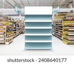 Superstore product display standing unit end cap shelf with header LED. 3D Illustration