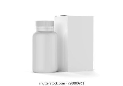 Supplement Jar With Box, Mock-up Template On Isolated White Background, Ready For Your Design Presentation, 3D Illustration.