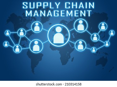 Supply Chain Management Concept On Blue Background With World Map And Social Icons.