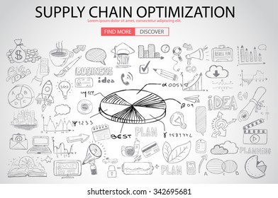 Supply Chain optimization concept with Doodle design style :finding solution, brainstorming, creative thinking. Modern style illustration for web banners, brochure and flyers.
