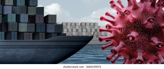 Supply Chain And Pandemic As Shipping Cargo Supply Chain Blocked By A Virus Infection As Sea Freight And Goods Distribution As An International Trade Logistics Problem Symbol As A 3D Illustration.