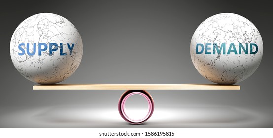 Supply and demand in balance - pictured as balanced balls on scale that symbolize harmony and equity between Supply and demand that is good and beneficial., 3d illustration